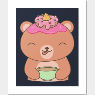 Kawaii Brown Bear Loves Coffee Posters and Art